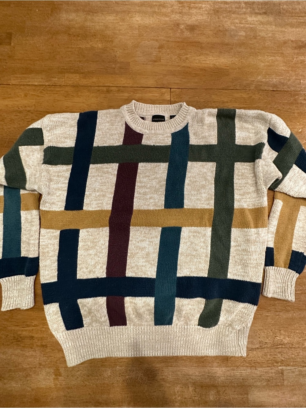 Vintage 90’s Men's Structure Cream Grid-Pattern Sweater with Multicolor Stripes